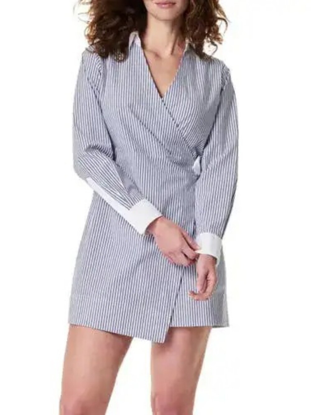BN Spanx blue/white stripe strech cotton poplin long sleeve wrap shirt dress